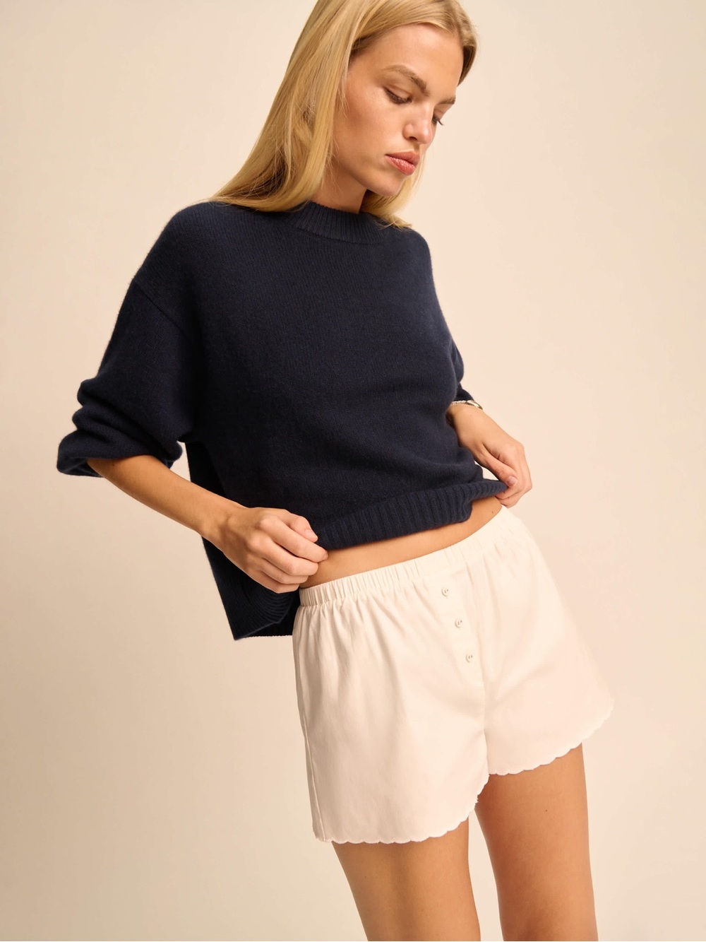 Reformation White Rosie Scallop Trim Boxer Shorts